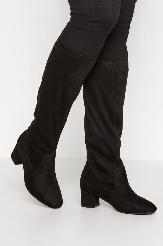  Grande Taille Black Faux Suede Stretch Heeled Knee High Boots In Extra Wide EEE Fit