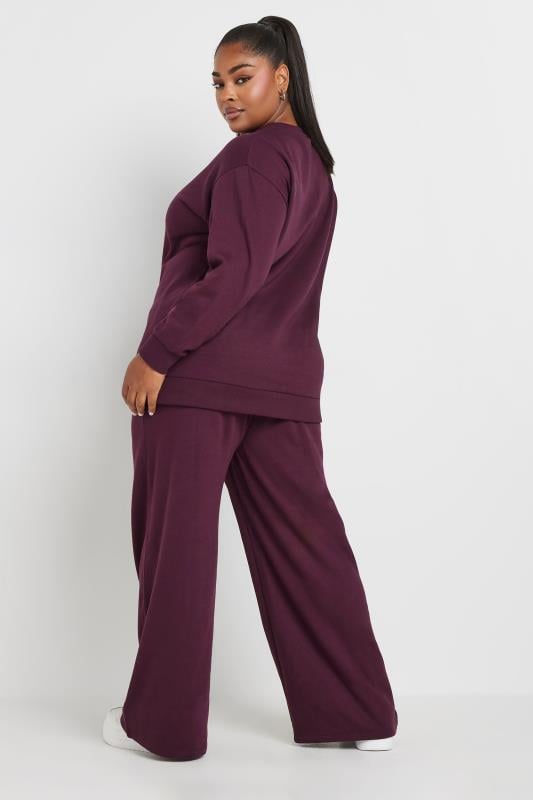 YOURS Plus Size Burgundy Red Crew Neck Sweatshirt & Wide Leg Jogger Co-Ord Set | Yours Clothing 3