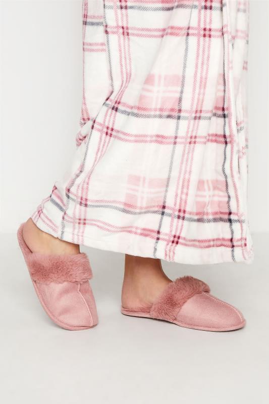 LTS Pink Fur Cuff Mule Slippers In Standard Fit | Long Tall Sally 1