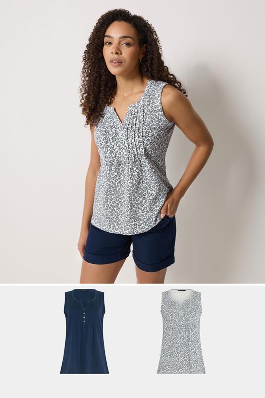  M&Co paquete de 2 blusas Henley sin mangas de algodón azul marino floral