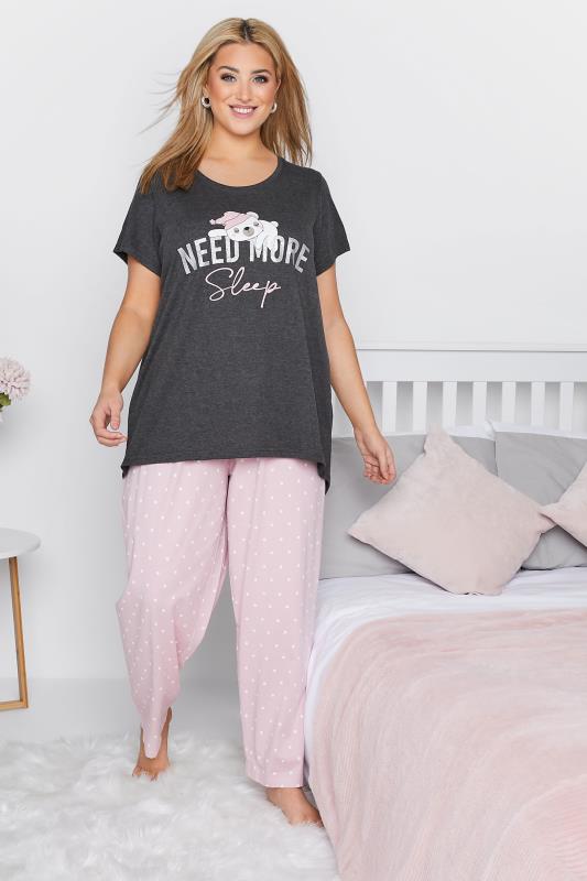  Grande Taille YOURS Curve Grey 'Need More Sleep' Slogan Pyjama Set