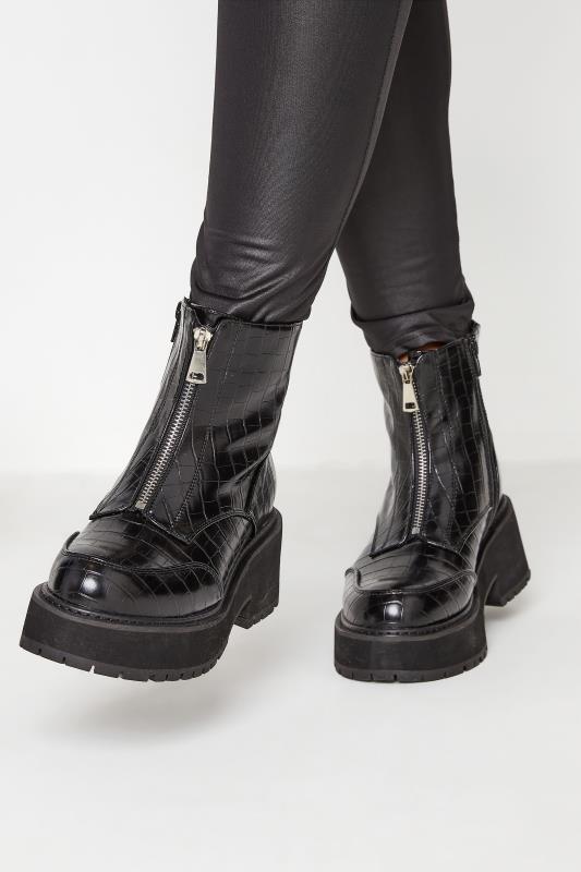  Black Croc Leather Look Zip Chunky Boots In Wide E Fit