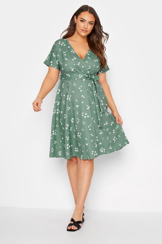 Plus Size  YOURS LONDON Sage Green Heart Print Wrap Dress