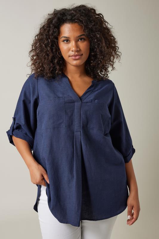 EVANS Plus Size Navy Blue Linen Utility Top | Evans  1