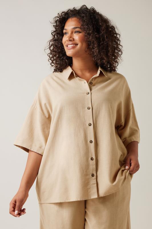 EVANS Plus Size Natural Brown Linen Shirt  | Yours Clothing 2