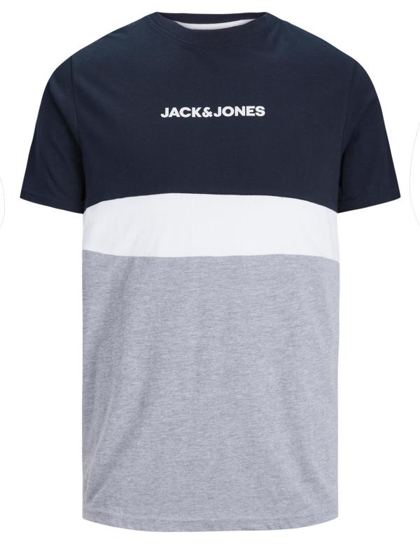 JACK & JONES Navy Blue & Grey Colour Block Logo T-Shirt | BadRhino 1
