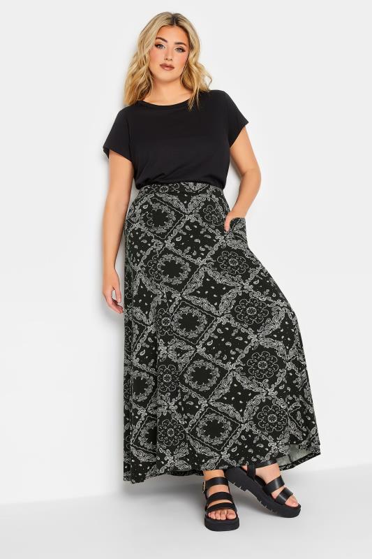 YOURS Plus Size Black Tile Print Pocket Detail Maxi Skirt | Yours Clothing 2