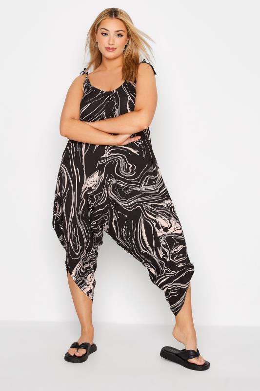 Plus Size Black Marble Print Cropped Harem Jumpsuit | Yours Clothing  2