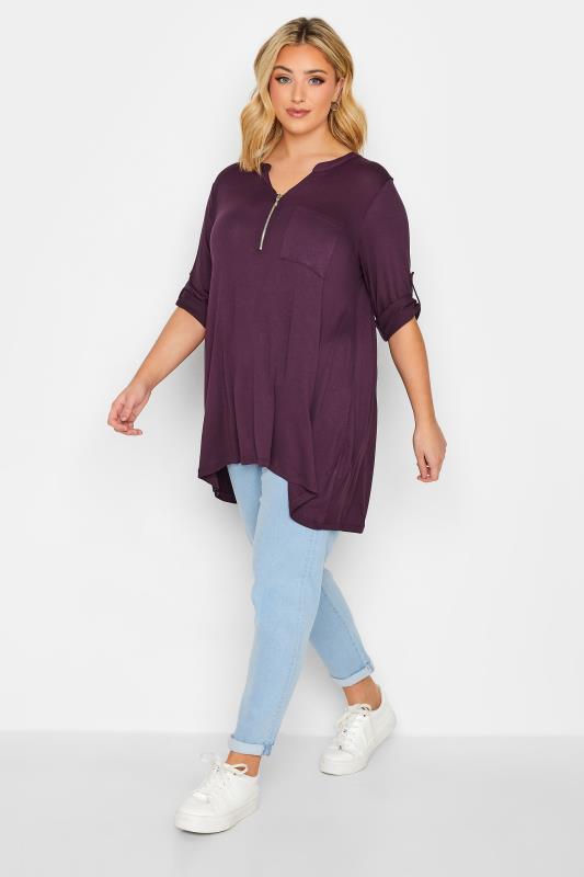 Plus Size Berry Red Zip Front Top | Yours Clothing 2