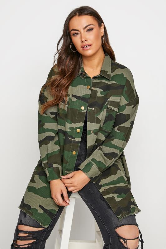  Grande Taille Curve Green Camo Oversized Shacket