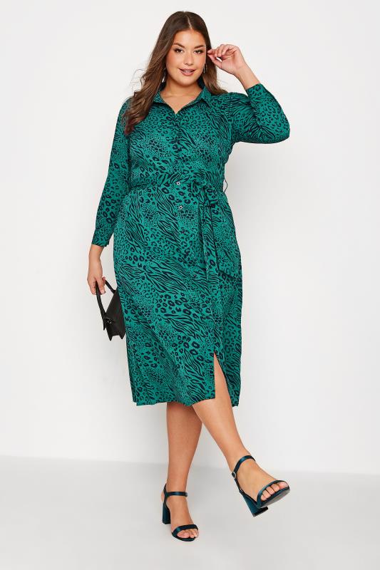 YOURS LONDON Plus Size Green Animal Print Shirt Dress | Yours Clothing 2