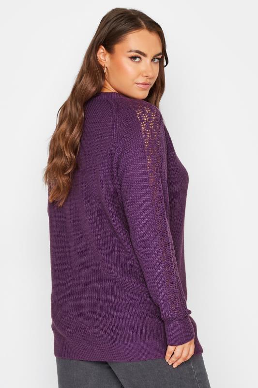 Plus Size Purple Pointelle Sleeve V-Neck Knitted Jumper | Yours Clothing 3