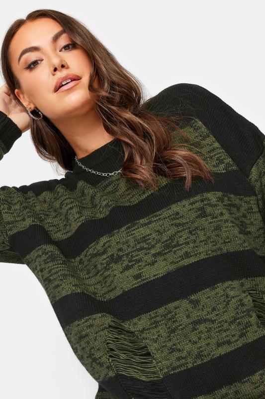 YOURS Curve Plus Size Green Distressed Stripe Jumper | Yours Clothing 4