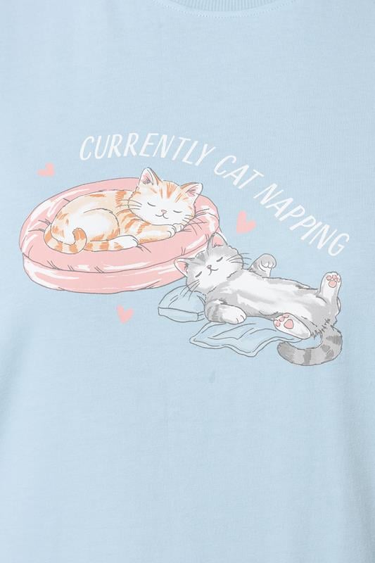 YOURS Plus Size Blue 'Currently Cat Napping' Slogan Wide Leg Pyjama Set | Yours Clothing 4