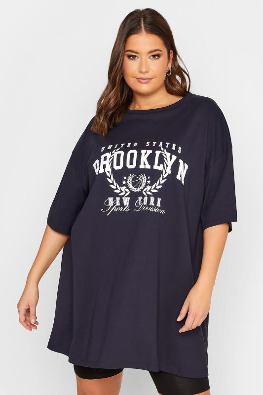 YOURS Curve Plus Size Navy Blue 'Brooklyn' Slogan Oversized Tunic T-Shirt | Yours Clothing  1