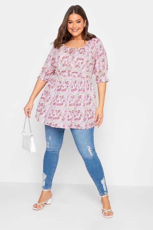 YOURS Plus Size White Floral Print Shirred Waist Gypsy Top | Yours Clothing 2
