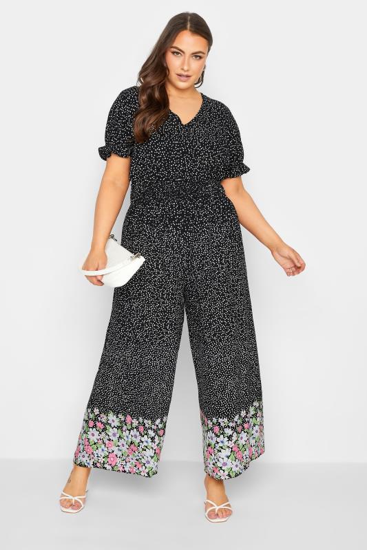YOURS Plus Size Black Floral Border Print Jumpsuit | Yours Clothing 1