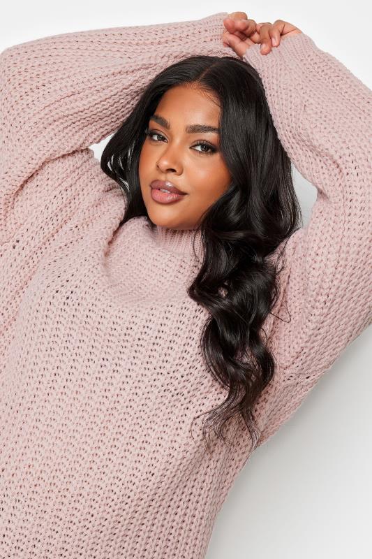 YOURS Curve Pink Funnel Neck Oversized Knitted Jumper | Yours Clothing 4