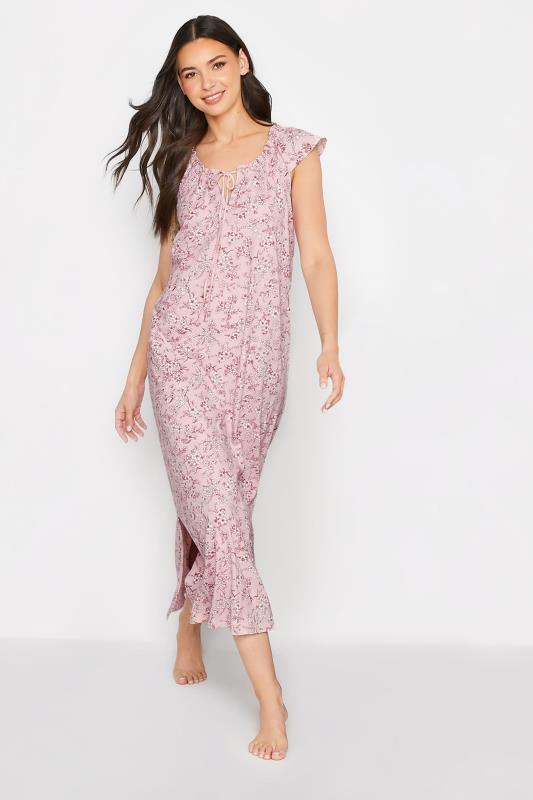 LTS Tall Pink Floral Print Tie Neck Cotton Nightdress_A.jpg