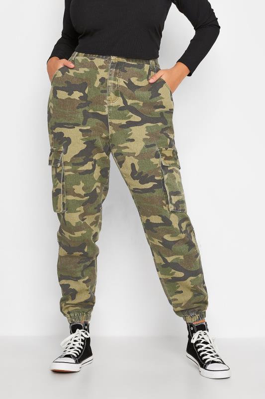  Grande Taille Curve Khaki Green Camo Ripped Cargo Pocket Jeans