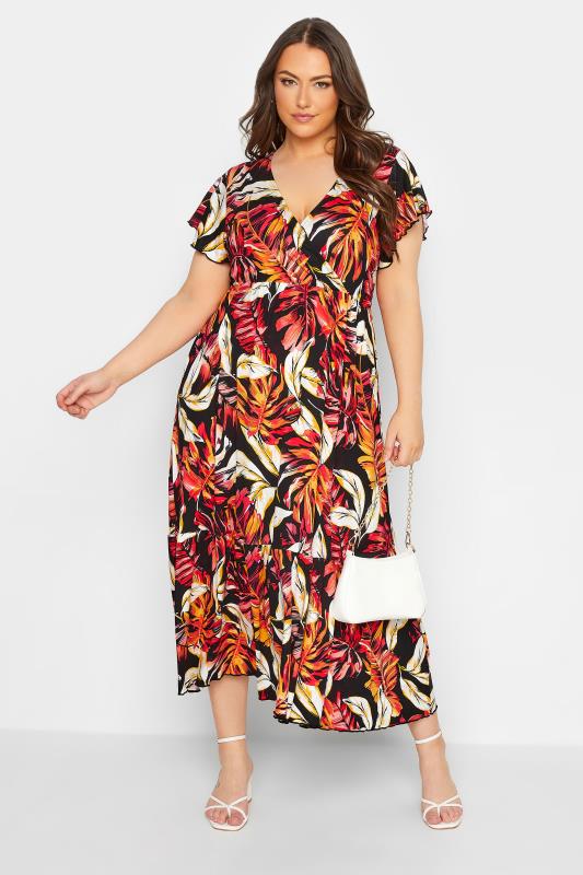 YOURS Plus Size Black & Orange Leaf Print Frill Sleeve Wrap Maxi Dress | Yours Clothing 2