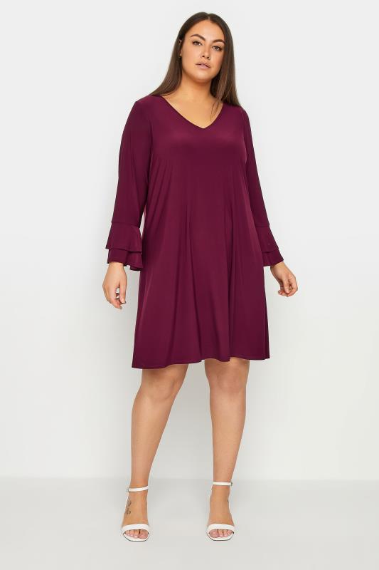 Frill Sleeve Berry Plain Dress 1