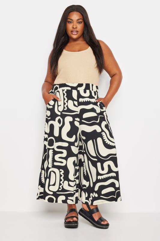 YOURS Plus Size Black & White Abstract Print Midaxi Culottes | Yours Clothing 1