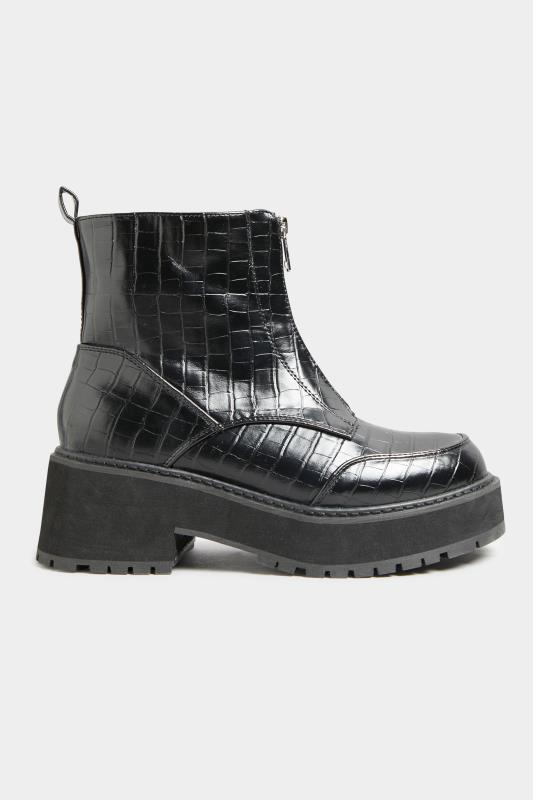 Black Croc Leather Look Zip Chunky Boots In Wide E Fit 3