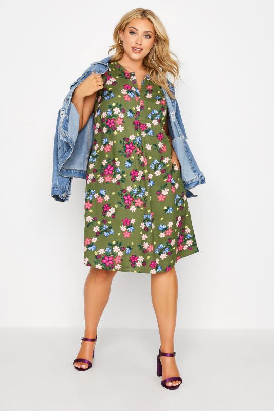 Plus Size Green Floral Sleeveless Shirt Dress | Yours Clothing 1