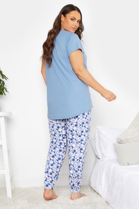 YOURS Plus Size Blue Geometric Print Cuffed Pyjama Set | Yours Clothing 3