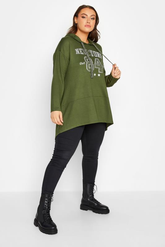 Plus Size Khaki Green 'New York' Dipped Hem Hoodie | Yours Clothing 2