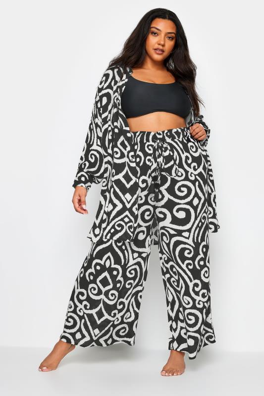 YOURS Plus Size Black Abstract Print Crinkle Tassel Trousers | Yours Clothing 3