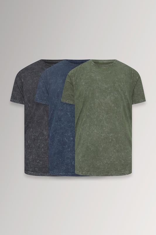 BadRhino Big & Tall 3 PACK Khaki & Navy Acid Wash T-Shirts | BadRhino 1
