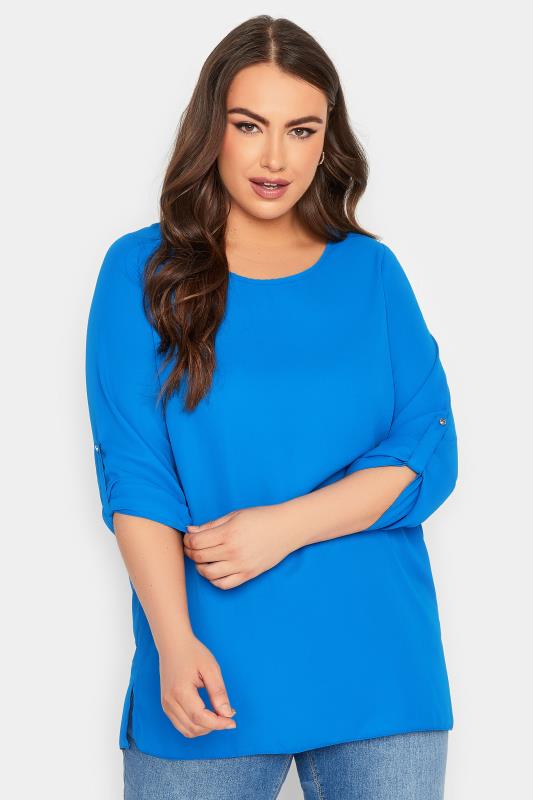 Plus Size  YOURS Curve Blue Tab Sleeve Blouse