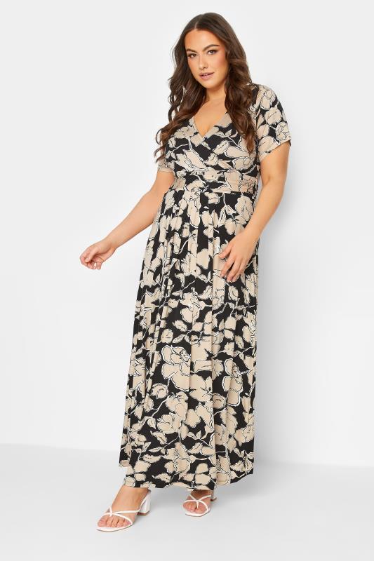 YOURS Plus Size Black & Beige Brown Floral Wrap Front Tie Maxi Dress | Yours Clothing 2