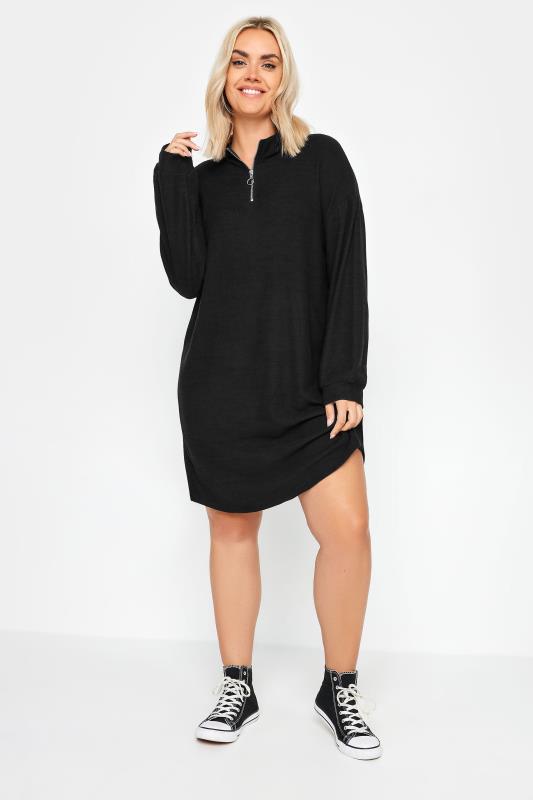 YOURS Plus Size Black Ribbed Quarter Zip Jumper Dress | Yours Clothing 2