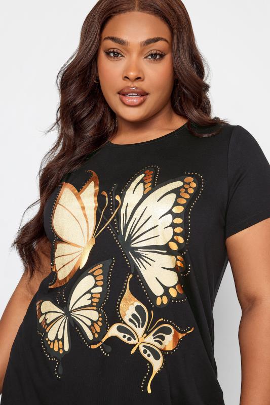 YOURS Plus Size Black Butterfly Print Glitter T-Shirt | Yours Clothing  4