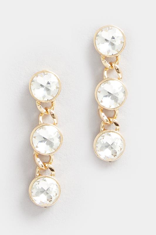 Gold Tone Triple Diamante Drop Earrings | Yours Clothing 2