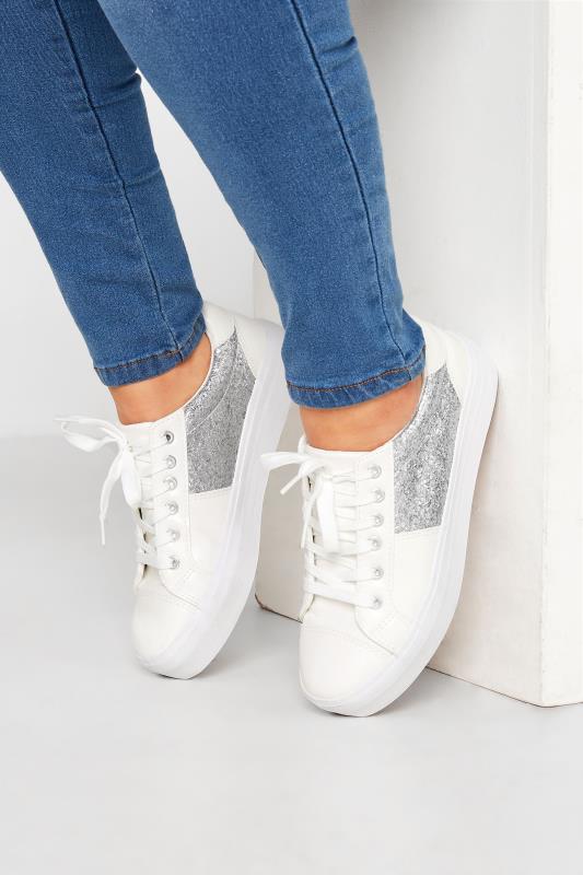 Plus Size  Yours White & Silver Glitter Panel Flatform Trainers In Wide E Fit