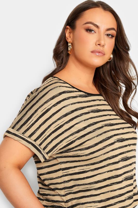 YOURS Plus Size Brown Stripe Print Dipped Hem T-Shirt | Yours Clothing 4