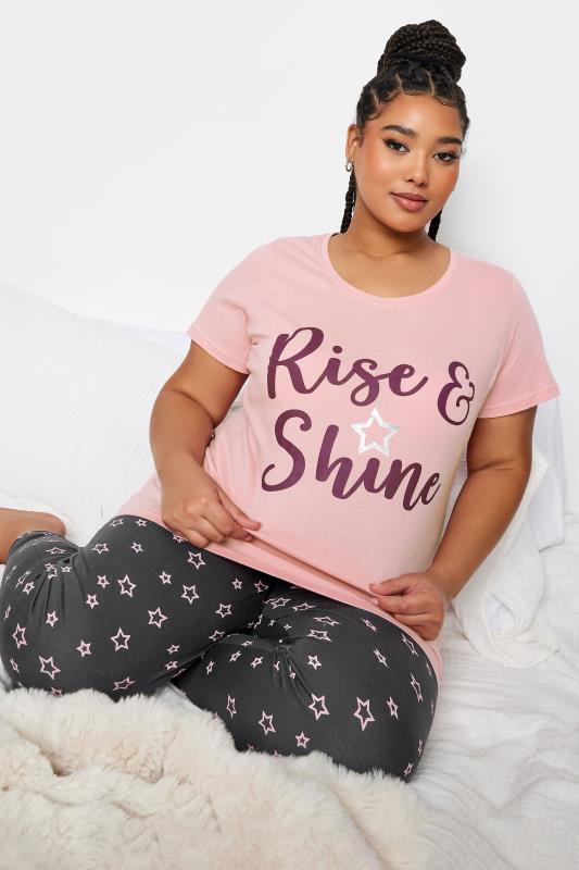 Plus Size  YOURS Curve Pink 'Rise & Shine' Star Print Pyjama Set