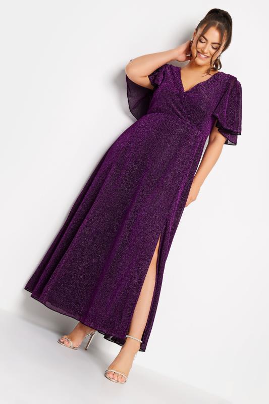  Grande Taille YOURS LONDON Curve Purple Glitter Angel Sleeve Maxi Dress