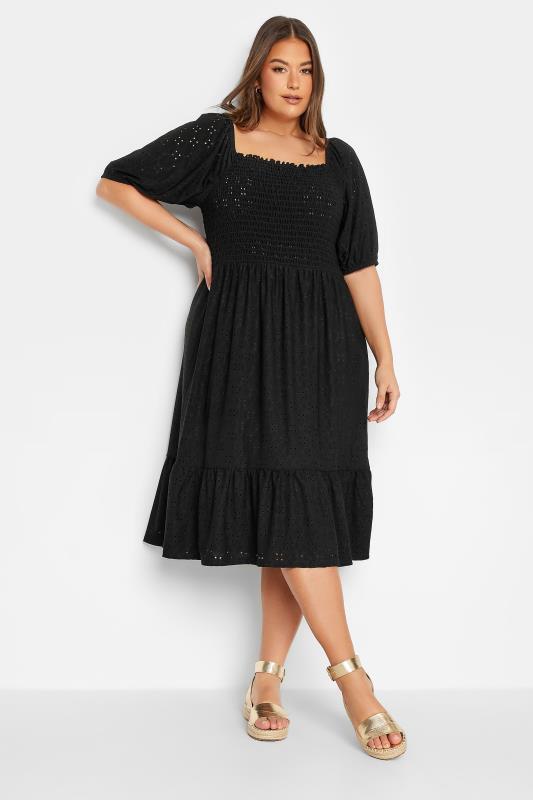  Tallas Grandes YOURS Curve Black Shirred Broderie Anglaise Midaxi Dress
