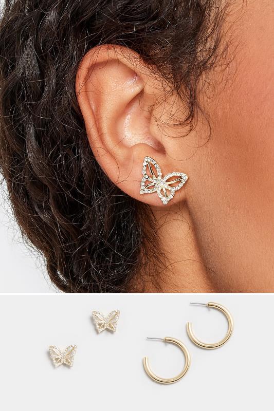2 PACK Gold Tone Butterfly Stud & Hoop Earring Set | Yours Clothing 1