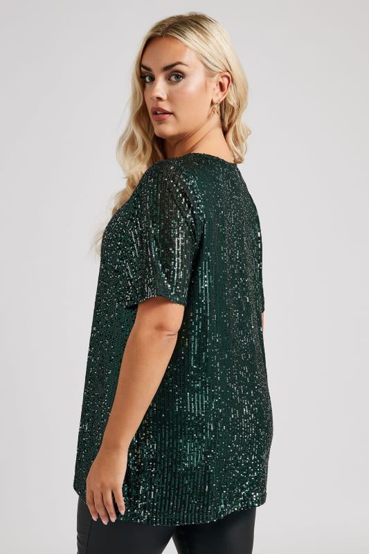 YOURS LONDON Plus Size Emerald Green Sequin Swing Top Yours Clothing