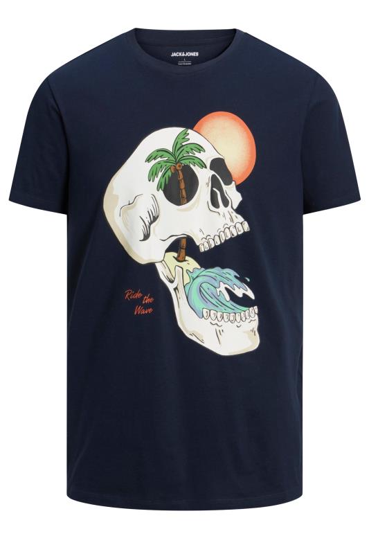 JACK & JONES Big & Tall Plus Size Navy Blue Skull Print 'Ride The Wave' Slogan T-Shirt | BadRhino  2