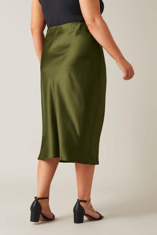 EVANS Plus Size Khaki Green Midi Satin Skirt | Evans  4
