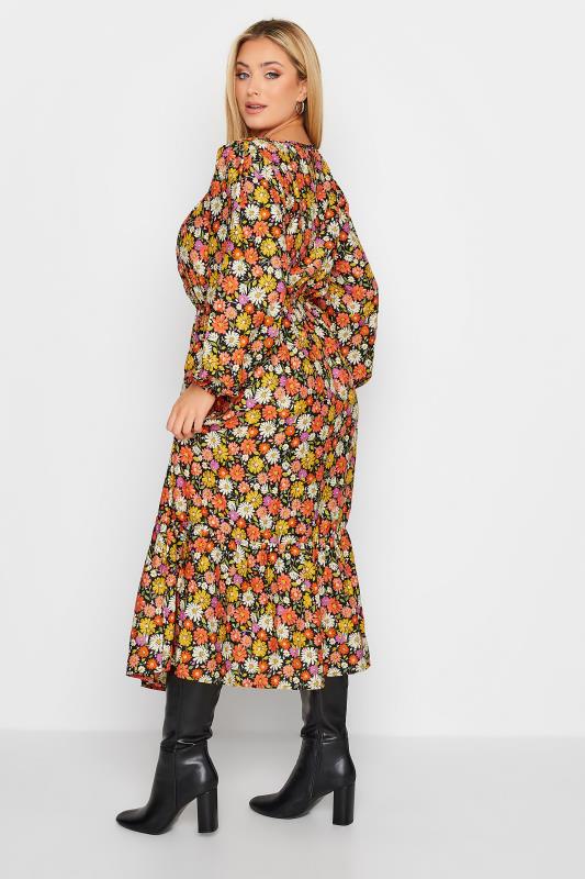 Plus Size Black & Orange Floral Print Balloon Sleeve Midaxi Dress | Yours Clothing 4