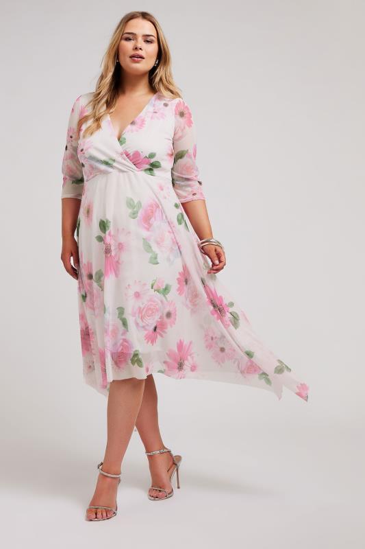 YOURS LONDON Plus Size Pink Floral Print Hanky Hem Dress | Yours Clothing 1