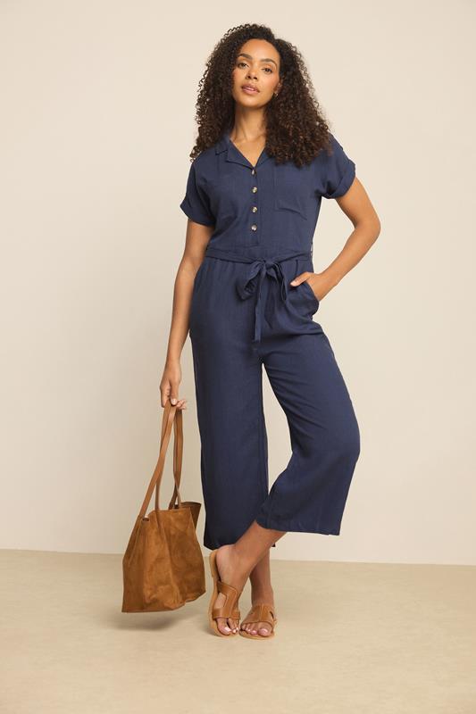  M&Co marineblauwe linnen jumpsuit met strikceintuur